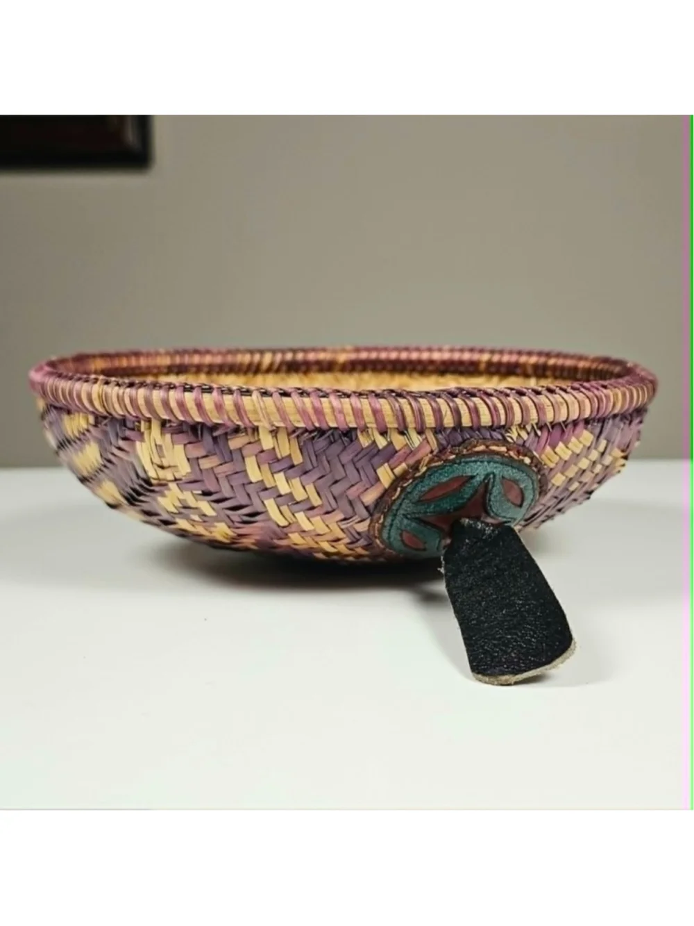 Vintage Hand-Coiled Southwestern Decorative Basket Bowl with Leather Medallion
